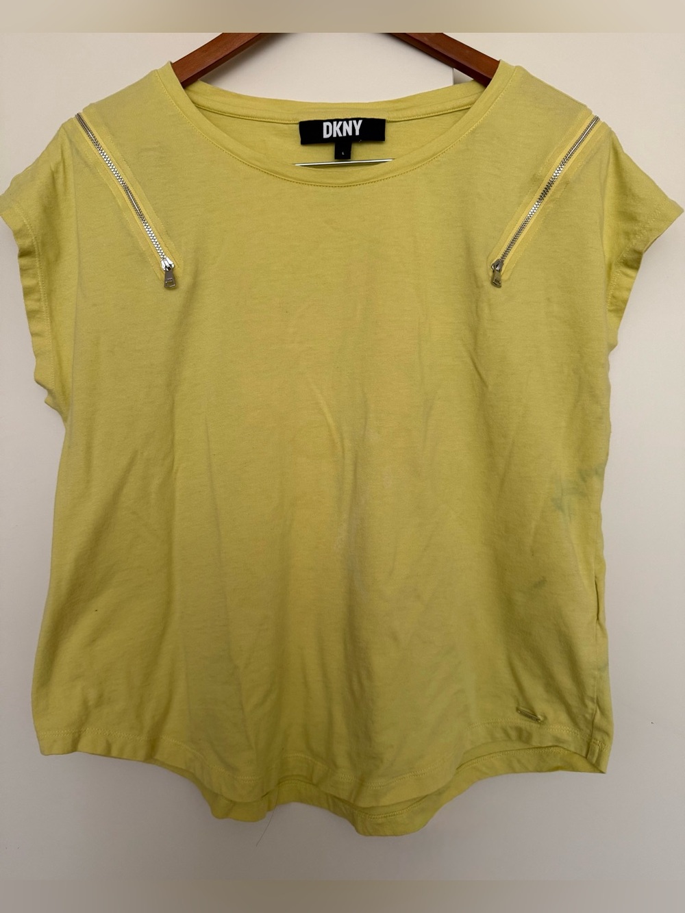 Vintage 90s Y2K DKNY Lemon Yellow Zipper Cold-Shoulder Cap Tee L Festival